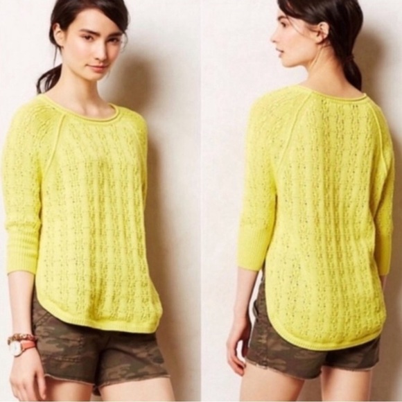 Anthropologie Sparrow Sweater XS 100% Cotton Yellow Chartreuse Open Knit Crochet - Picture 1 of 13